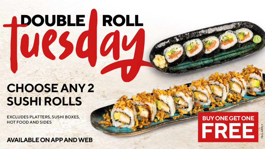 Promotional banner showing sushi rolls with bold red script that says 'Tuesday' and a Buy One Get One Free offer nearby.
