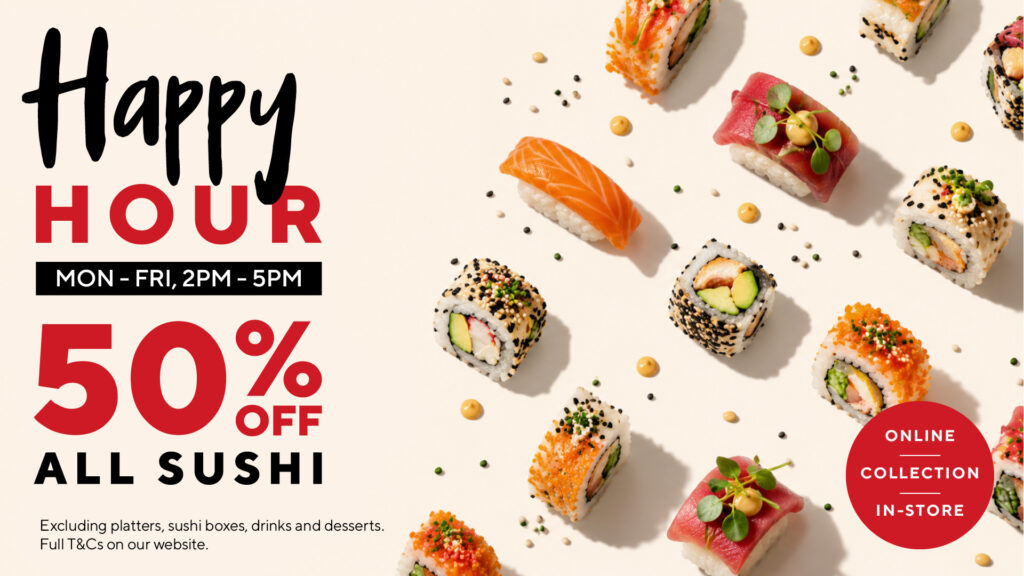 Promotional banner: text 'Happy Hour' and '50% OFF ALL SUSHI' with sushi pieces on the right, advertising a discount.